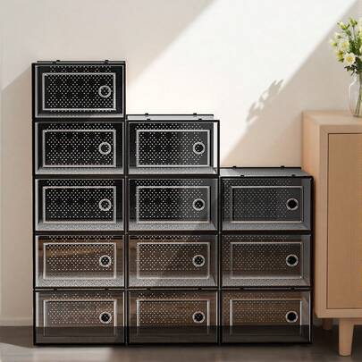 [24 Pack Shoe Storage Organizer] 6/12/24 Pack Large Modular Shoe Storage Organizer For Closet | Space Saving Clear Plastic Stackable Shoe Boxes With Lids | Display Case Bins, Sneaker Storage Rack In White And Black