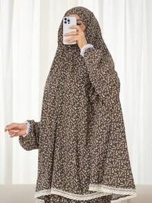 Bộ 1 khăn trùm đầu Khimar + váy bằng vải cotton pha mềm mại, in họa tiết, rộng rãi, thoải mái, phù hợp cho phụ nữ mặc hàng ngày và cầu nguyện, mọi mùa. - Nhiều màu - Xem 10
