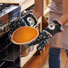 Manoplas de horno resistentes al calor con forro de algodón acolchado suave juego de 2 diseño animal moderno con impresión de silicona guantes de cocina antideslizantes para respaldo - Negro largo - Ver 6