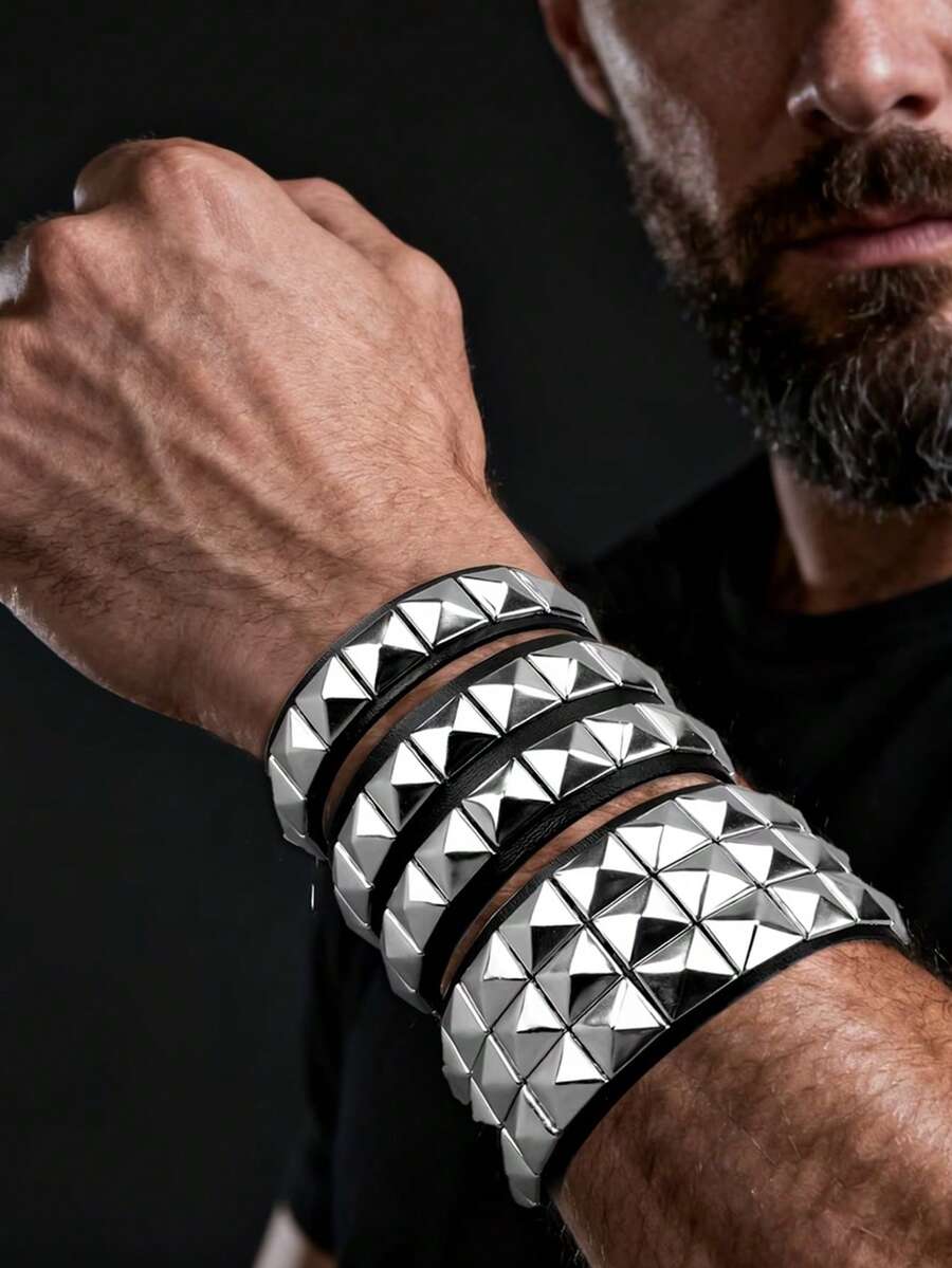 3件套PU皮革方形铆钉朋克风手镯，男女通用时尚手镯，哥特朋克摇滚风手镯，万圣节派对配饰 - 款式1 - 查看 1