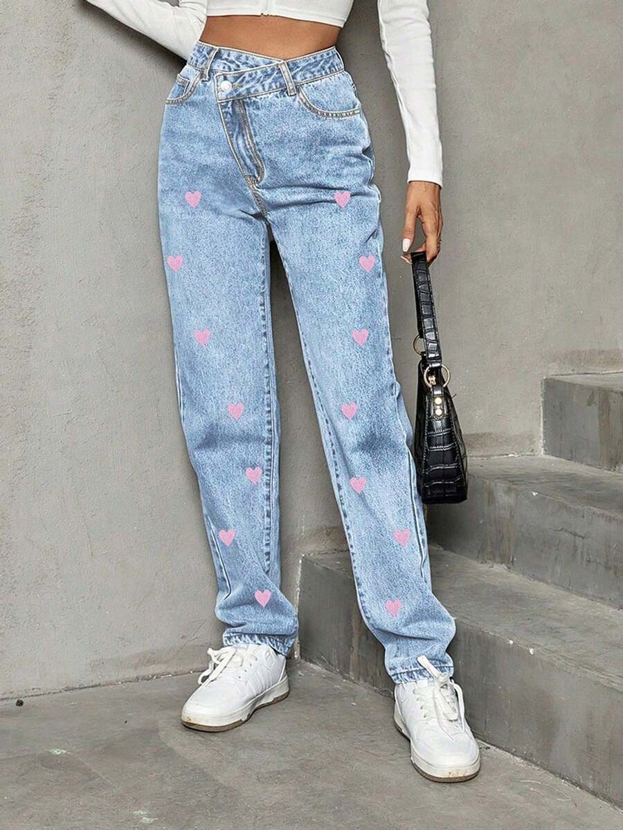 Happy Girl Casual Elegant Denim Pants, Versatile For Spring/Summer, Suitable For Casual, Formal, Travel, Airport Outfits, With Waistband/Criss-Cross Waistline Design - Blue - View 1