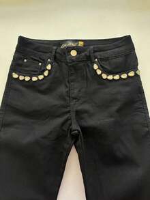pthirillo Women's Black Flare Jeans With High-Waisted Butt-Lifting Effect And Rhinestone Detail. - 我口袋裡的水鑽 - 查看 5