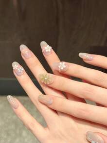 10 móng tay giả thủ công họa tiết hoa Nhật Bản mùa xuân, màu ombre nude pastel với hoa 3D, ngọc trai và dây vàng, móng ngắn vuông/oval, móng acrylic giả cho mùa hè, tựu trường, đám cưới, kèm keo dán và dũa móng, dụng cụ làm móng DIY. - Hồng - Xem 18