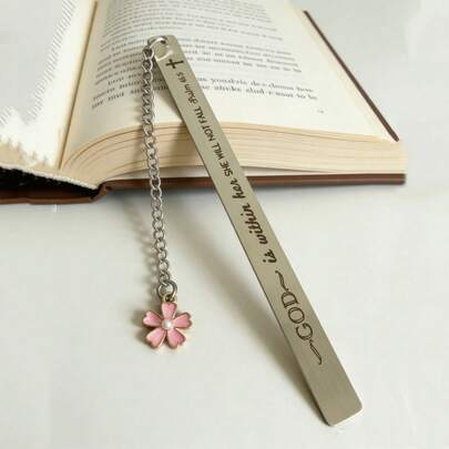 Stainless Steel Bookmark With Bible Verse And Pink Flower Pendant - Christian Gift For Women, Psalm 46:5, Bookmark With Chain, Religious Gift For Book Lovers, Readers, Moms, Friends, Graduation