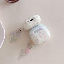 Plaid & Floral Pattern Earphone Case, Acrylic Shockproof Protective Cover With Pendant Compatible With Apple 1/2/3/4/Pro/Pro2/Pro3 - Purple - View 9