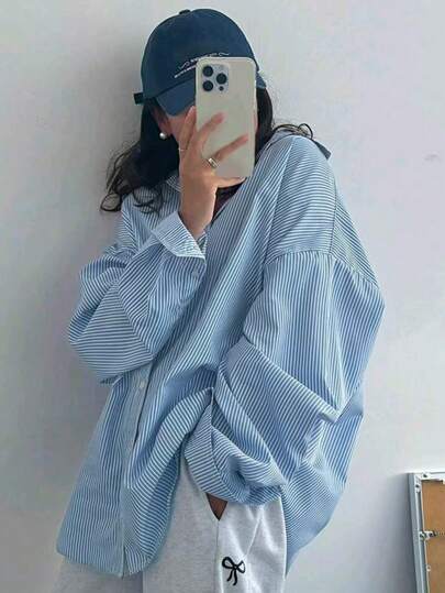 大码女式条纹纽扣衬衫，长款落肩袖，梭织面料，春季款