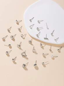 30 Pairs Fashion Minimalist Earrings Set, Includes Bowknot, Heart, Flower, Rhinestone, Faux Pearl Metal Stud Earrings, Casual Wear Jewelry Gift Set - Silver - View 3