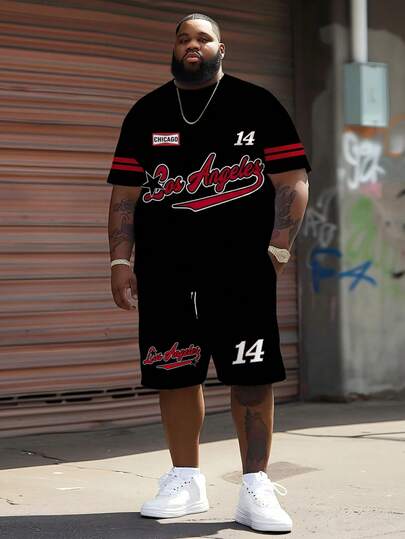 Conjunto deportivo casual de talla grande para hombres con diseño gráfico de la letra "Los Angeles" y el número "14" - Hecho de tejido de punto de poliéster, cuello redondo, pantalones cortos con cordón, bolsillos, ajuste regular, adecuado para tallas grandes