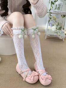 1双洛丽塔风格蕾丝边白色郁金香蝴蝶结中筒袜，可爱女童款 - 白色 - 查看 4