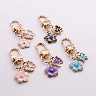 5件套可爱花朵蝴蝶珐琅包包挂饰套装，美观钥匙扣吊坠装饰，适合女性和女孩的礼物
