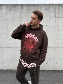 Men's Spider Print Tracksuit Casual Hoodie Pants Set Streetwear Fashion Oversized Fit Winter Tracksuit - Khaki - View 2