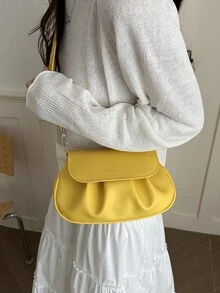 时尚纯色简约褶皱翻盖PU单肩包，便携斜挎包，适合女性购物、工作、约会和日常使用。 - 黃色 - 查看 8