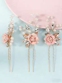 1件自然灵感手工金叶仿珍珠花朵新娘发夹，适合婚礼摄影和盘发造型 - 彩色 - 查看 1