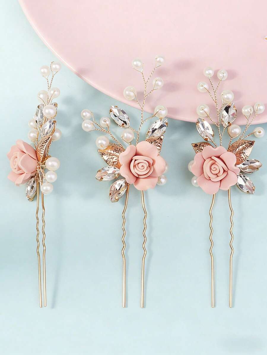 1件自然灵感手工金叶仿珍珠花朵新娘发夹，适合婚礼摄影和盘发造型 - 彩色 - 查看 1