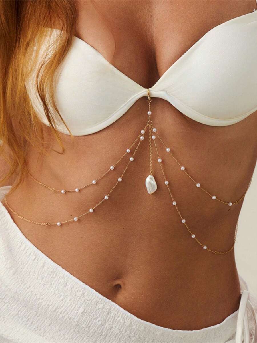 1 chiếc vòng cổ bikini kiểu Bohemian đính vỏ sò và ngọc trai giả, dây đeo ngực gợi cảm, thích hợp cho kỳ nghỉ và tiệc tùng. - Vàng - Xem 1