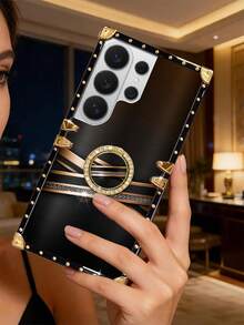 Ốp điện thoại kiểu cổ điển, màu đen, họa tiết đan chéo, hình chữ nhật, chống sốc, tương thích với các dòng Galaxy S26 Ultra/S26/S26 Plus/S25FE/S25Ultra/S25+/S25/S24 Plus/S24/S24U/S23 Ultra/S22ULTRA/A56 5G/A36/A17/A16 và 17proamx/17/16 Promax/16/15PRO Max/15/14 Plus/15plus/14 Pro Max/13promax. [Phiên bản quốc tế, không phải nội địa] - Màu đen + Giá đỡ nhẫn - Xem 4