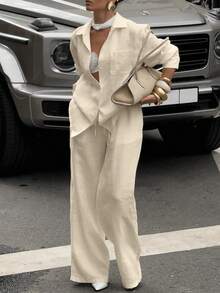 两件套纯色休闲优雅口袋纽扣衬衫和裤子套装，适合办公室和街头穿着，春秋季 - 杏色 - 查看 7