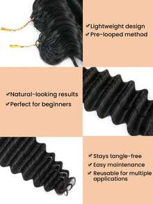 350克 7包 深波浪钩编人发 羽毛线波西米亚风奇迹结钩编辫子 人发沙龙级无缝隐形细软发质女性专用 微环羽毛钩编人发接发 - Natural Black - 查看 4