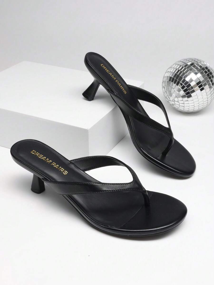 Women Kitten Heel Thong Heeled Sandals Comfortable Open Toe Slip On Summer Sandals - 黑色 - 查看 1