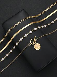 4pcs/Set Minimalist Sequin Faux Pearl Snake Chain Tassel Multilayer Y-Necklace Set, Suitable For Date, Vacation, Daily, Party, Wedding, Gift For Mom, Friend - Yellow Gold - View 5