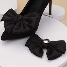 2个简约时尚女士蝴蝶结鞋夹，可拆卸鞋夹，适用于婚礼新娘派对高跟鞋 - 黑色 - 查看 5