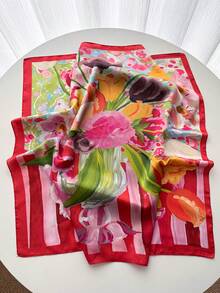 1pc Floral Oil Painting Print Square Scarf, Women's Satin Printed Headband, Neckerchief, Headwrap, Fashion Ladies Shawl, Scarf - Red - View 3