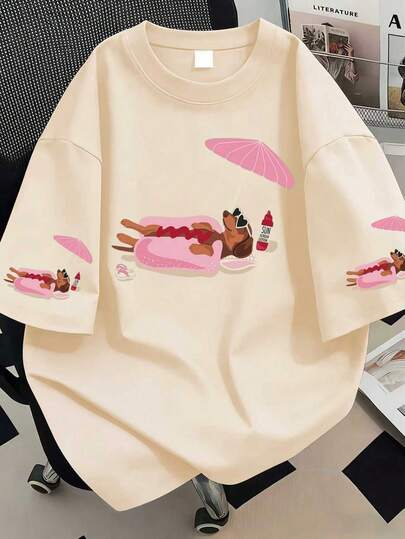 Áo thun ngắn tay in hình hoạt hình cỡ lớn dành cho nữ, kiểu dáng thường ngày, đa năng, thích hợp mặc trong mùa hè.