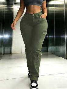 Quần jeans nữ dáng casual, màu trơn, có túi, khóa kéo và cúc, thích hợp mặc hàng ngày đi làm, phù hợp mọi mùa. - xanh quân đội - Xem 5