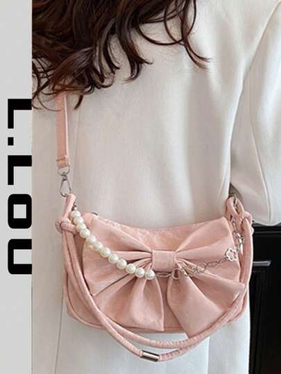 2026 New Gentle Bowknot Design Women's Shoulder Bag, Pearl Splice Chain Crossbody Handbag, Casual Versatile Underarm Bag For Women With Elegant Vibe