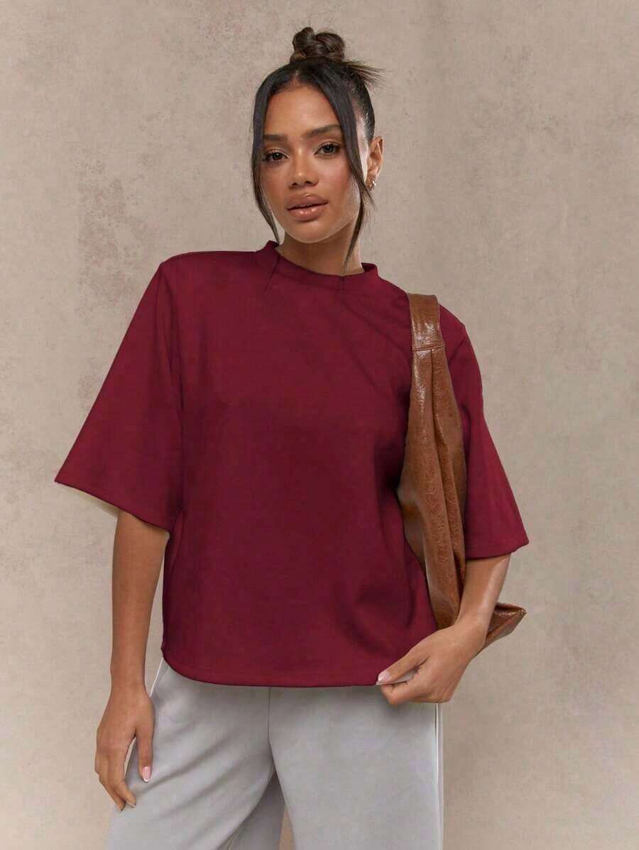 Summer TopsValentine Fits For WomenMISSGUIDED Oversized T Shirt Mock Neck Wide Half Sleeve Boxy Fit Casual Office Weekend Fall Winter Fashion Minimalist Versatile Essential ClassicLoose And Comfortableshirt SummerLoose And Comfortablesummer Outfits For Women - Màu Đỏ Sâu - Xem 1