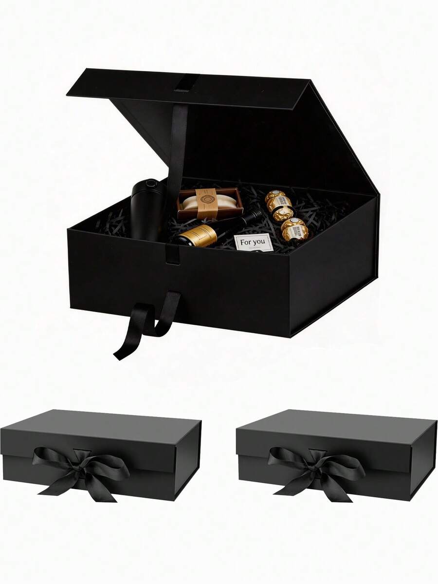 Black Magnetic Gift Box With Lid And Ribbon, Suitable For Wedding Favor Packaging, Bridal Shower, Christening Gifts, Birthday Party, Theme Party, Holiday Celebration And Graduation Party - beraneka warna - View 1