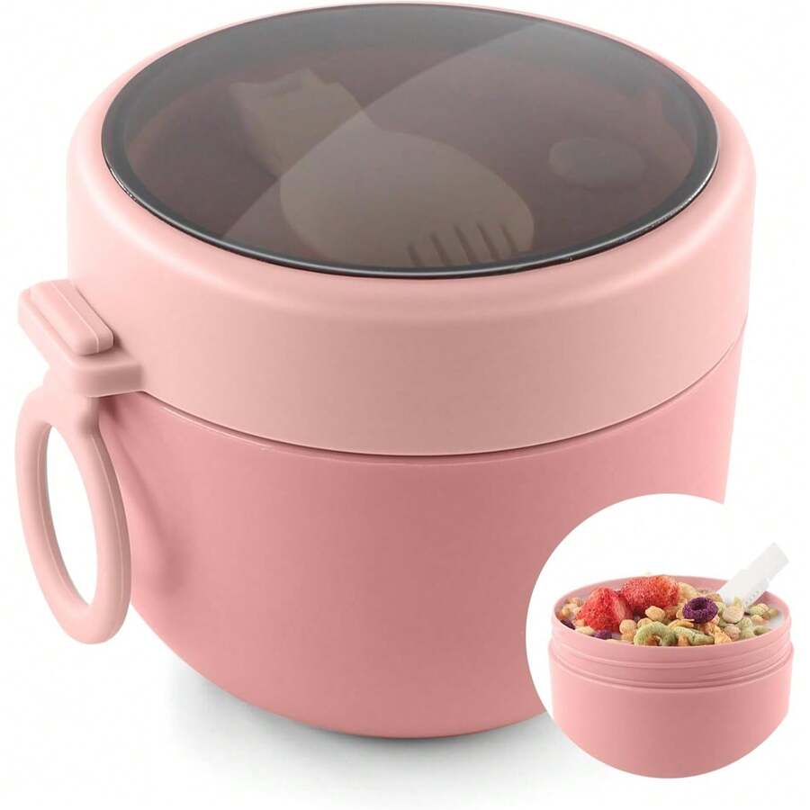 1pc Overnight Oats Container With Lid, Portable Overnight Oats Cup (With Spoon), Leak-Proof Plastic Yogurt Cup, Oatmeal Container, Dessert & Snack Container, Essential For Camping, Picnic, Beach, Back To School