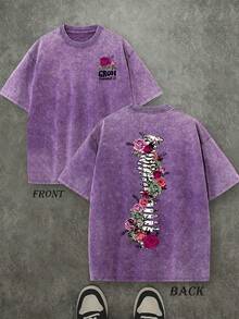 Men's Graphic T-Shirts With Bone And Floral Patterns-Printed With The Message Of Growth Through It; Washed Vintage T-Shirts; Oversized Men's T-Shirts; 230g 100% Cotton; Unisex Tops; Men's Casual Crew Neck Short-Sleeved Shirts; Gift T-Shirts; Going Out Tops. - 紫羅蘭色 - 查看 1