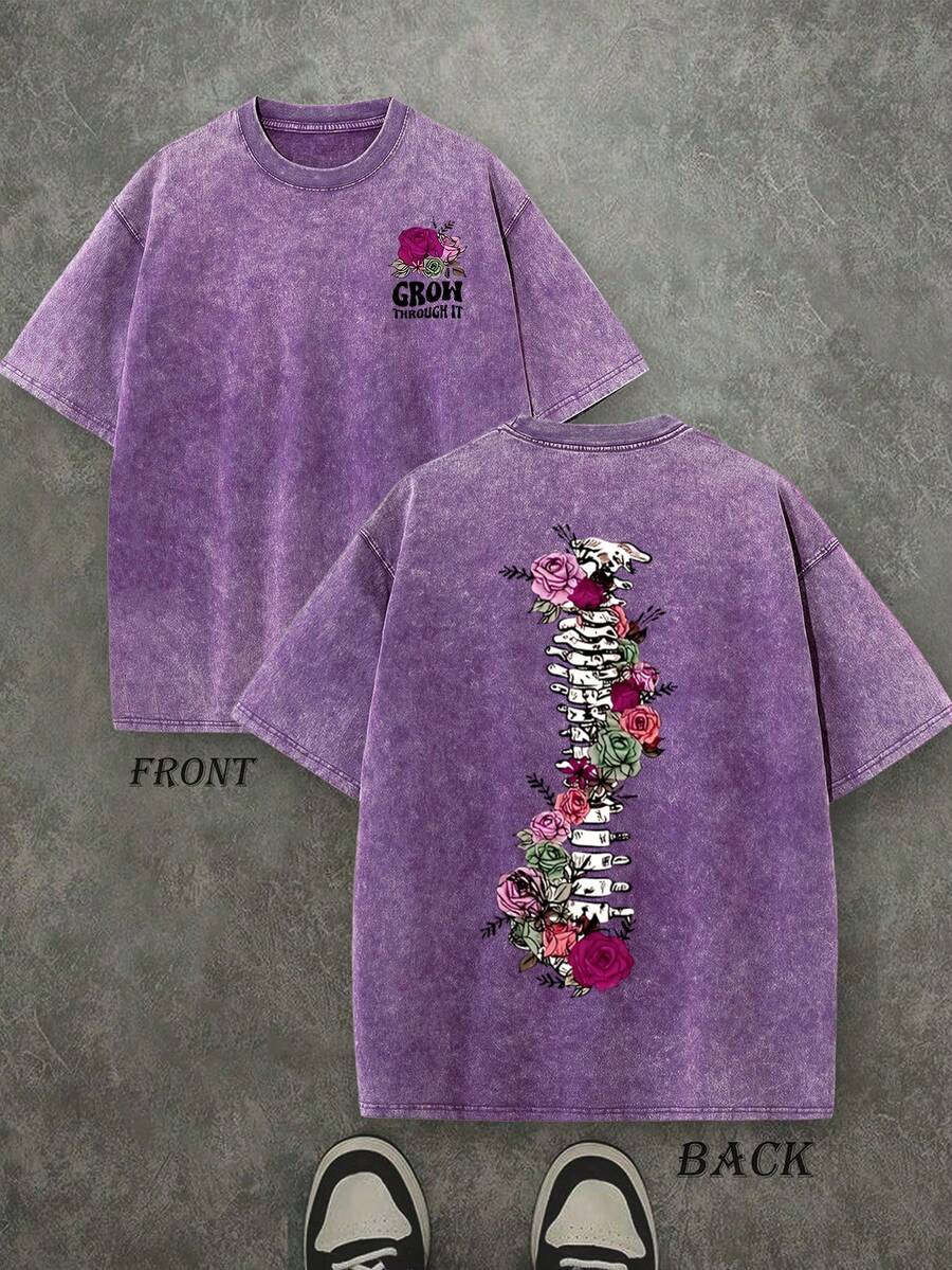 Men's Graphic T-Shirts With Bone And Floral Patterns-Printed With The Message Of Growth Through It; Washed Vintage T-Shirts; Oversized Men's T-Shirts; 230g 100% Cotton; Unisex Tops; Men's Casual Crew Neck Short-Sleeved Shirts; Gift T-Shirts; Going Out Tops. - 紫羅蘭色 - 查看 1