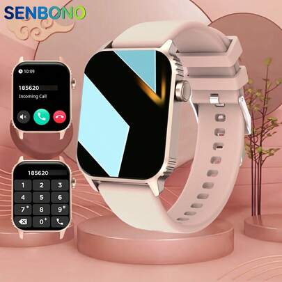  SENBONO 智能运动手表，配备高清触摸屏、无线通话和音乐控制、来电和提醒功能、DIY 表盘、智能机芯、电子驱动、硅胶表带，多种运动模式，女士智能手表