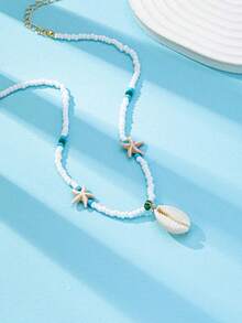 1 pieza Collar con colgante de estrella de mar y concha de estilo bohemio de verano, collar de cuentas de semillas naturales para mujer, adecuado para vacaciones y uso diario - Collar de conchas de estrella de mar con cuentas - Ver 2