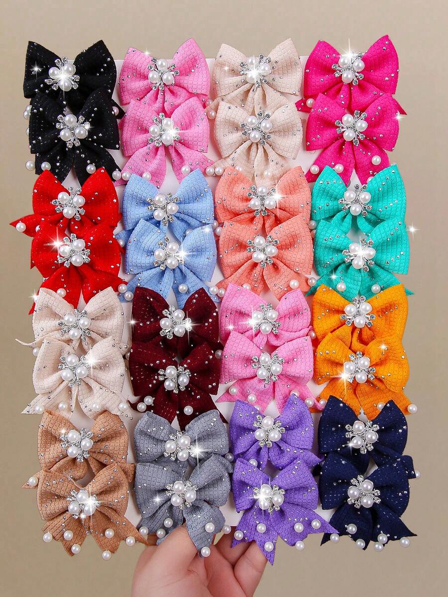 10pcs Girls' Multi-Color Rhinestone Pearl Bow Barrettes, Minimalist Side Bangs Clips, Cute & Versatile Hair Accessories For Daily Use - Multicolor - View 1