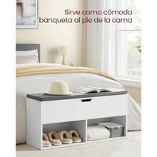 VASAGLE Banco para Zapatos Almacenamiento con 2 Compartimentos Abiertos y 1 Cerrado Estante para Zapatos Asiento Acolchado para Pasillo Entrada Dormitorio 100 x 30 x 48 cm Blanco MLHS21WT - Blanco Gris - Ver 4