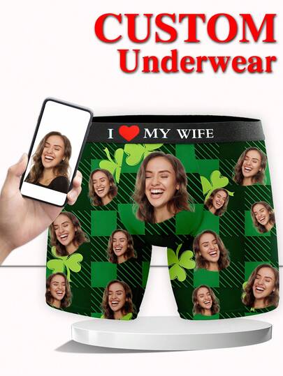 1 chiếc quần boxer nam in hình theo yêu cầu, quần lót in ảnh cá nhân với họa tiết kẻ caro xanh và cỏ ba lá, dòng chữ "I Love MY WIFE" (Tôi yêu vợ tôi), quần lót in hình mặt cười, chủ đề ngày lễ Thánh Patrick, thoải mái, độc đáo, món quà lý tưởng cho kỷ niệm, sinh nhật, đám cưới, Ngày của Cha dành cho chồng, người yêu, hoàn hảo cho những người đam mê thể thao.