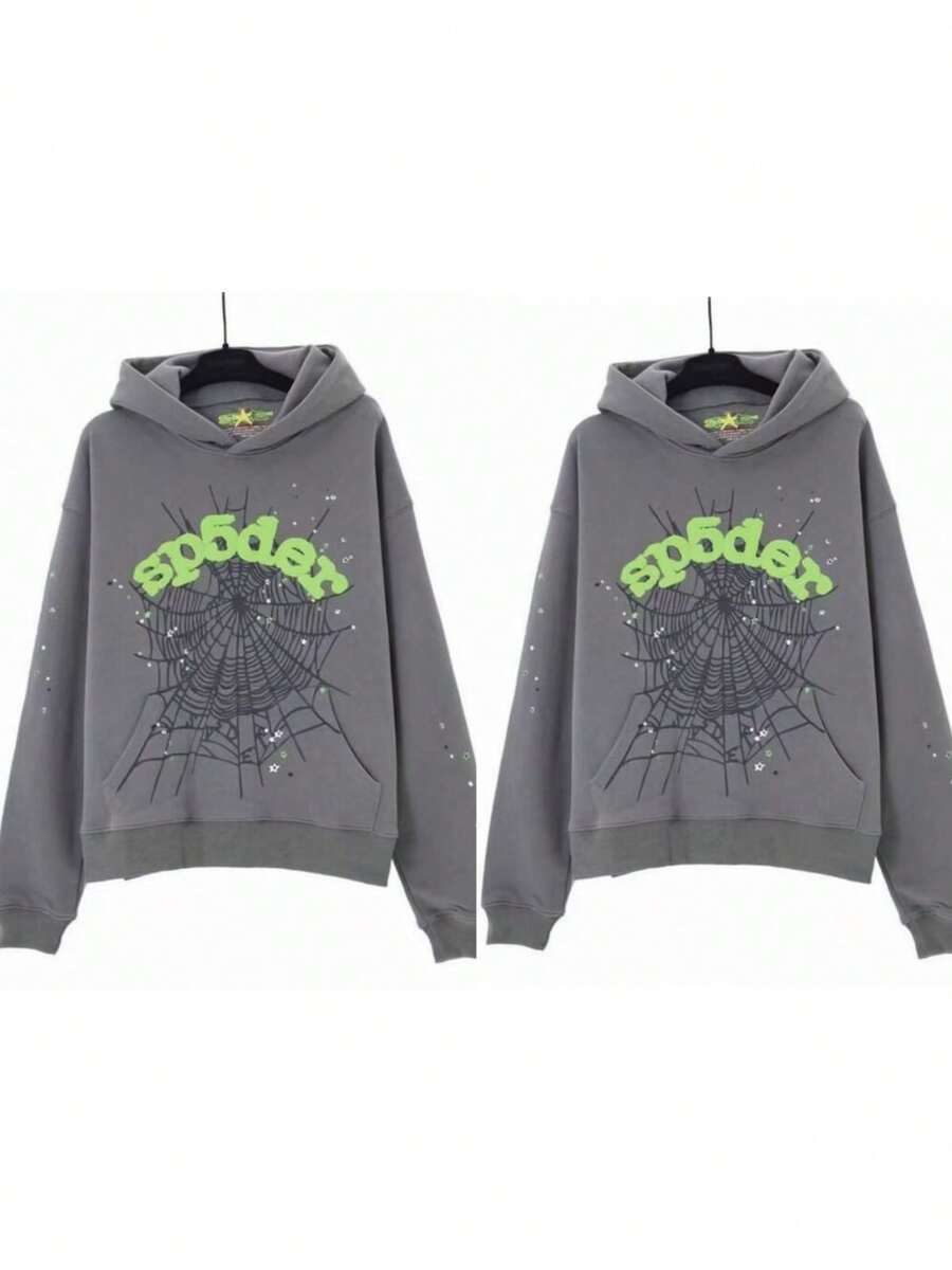 2-Piece SetSet Of Clothes And Pants ,Men's Oversized Hip Hop Spider Web Pattern Graphic Alphabet Print Harajuku Vintage Hoodie Long Sleeve Street Wear Top For Both Men - 灰色*2 - 查看 1