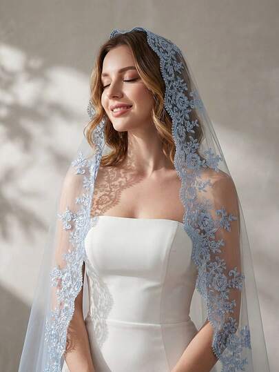 1pc Lace Trim Light Blue Bridal Veil, Birdcage Veil Without Comb, Suitable For Wedding, Engagement, Bachelorette Party, Honeymoon Photoshoot