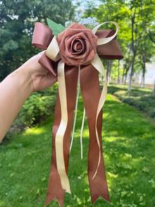 1个仿真玫瑰花汽车装饰蝴蝶结，浪漫缎带花朵饰品，适用于婚礼新娘车后视镜、门把手装饰 - 1PC - 查看 16