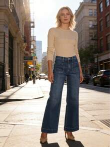 Women's High-Waist Straight-Leg Denim Jeans - Slimming Vintage Style, Stretch Blend With Classic Button Closure, Casual Retro Everyday Fashion - 深藍色 - 查看 4