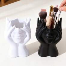 Abstract Human Face Sculpture Pen Holder, Multifunctional Makeup Brush Storage Bucket Plastic Pen Stand Desktop Decor - Face-holding Storage Bucket - View 9