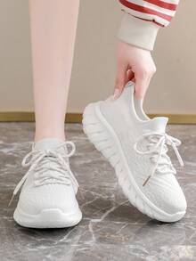 女士轻便、舒适、透气、防臭、防滑、柔软弹性的跑步鞋、网球鞋、健身鞋、休闲白色运动鞋，时尚百搭 - 米色 - 查看 5