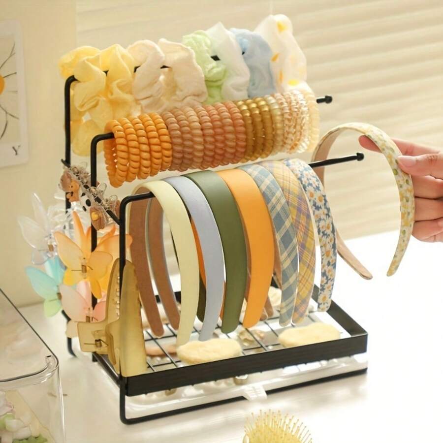 White And Black Iron Wire Hair Tie Organizer Rack For Desktop Display And Storage – Multi-Function Hair Accessory Stand And Countertop Shelf To Neatly Corral Elastics, Clips, Bows, And Small Accessories, Space-Saving Metal Wire Holder With Open Design For Easy Access, Modern Lightweight Display Rack For Home, Salon, Or Vanity
