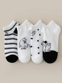 4双随机卡通猫咪图案休闲薄款短袜，女士款，春夏款 - 彩色 - 查看 15