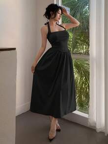 Black Sexy Spaghetti Strap Backless A-Line Mid-Length Dress, Elegant Waist Design Suitable For Weddings, Dates, Galas, Parties, New Spring/Summer Fashion For Young Women Party - Black - View 7