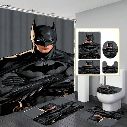 黑暗骑士浴室装饰套装，现代漫画蝙蝠侠艺术版画，耐用浴帘带挂钩，适用于标准浴缸，是粉丝、超级英雄爱好者的理想之选，也是毕业礼物和乔迁礼物的完美选择。