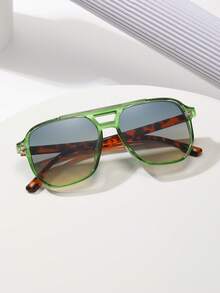 1pc Unisex Tortoiseshell Color Block Double Bridge Aviator Style Fashion Glasses, Suitable For Vacation, Boho Style, Beach Accessories, Autumn/Winter, Business Casual, Gift - Greenish Yellow - View 4